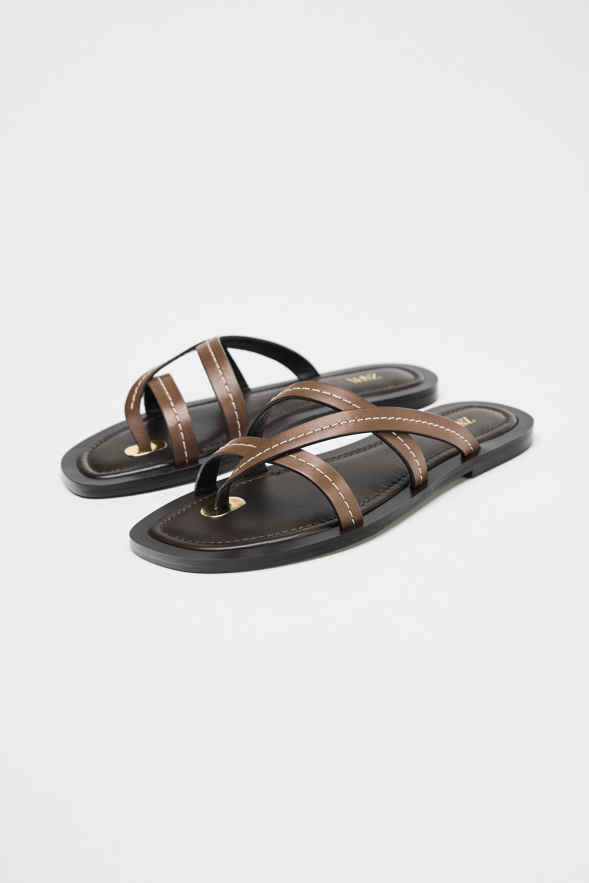 FLAT LEATHER STRAPPY SANDALS | Zara UK