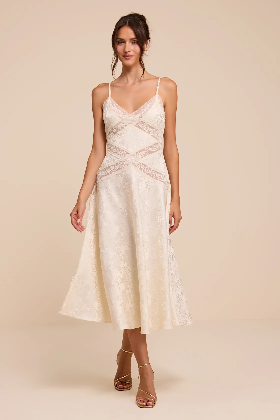 Adia Ivory Floral Jacquard Satin Midi Dress | Lulus