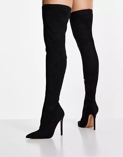 ASOS DESIGN Wide Fit Koko heeled over the knee boots in black micro | ASOS (Global)