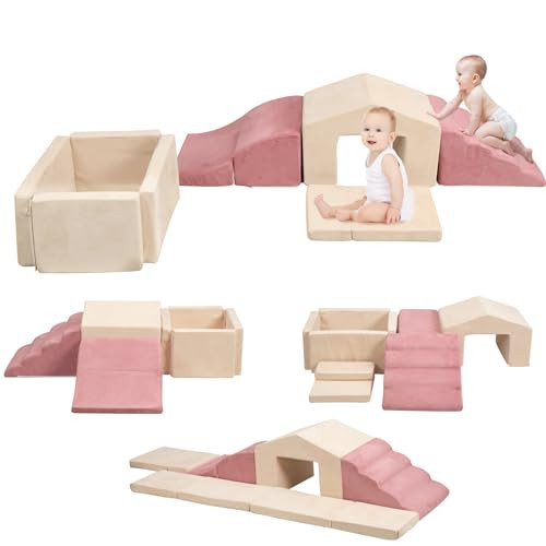 Soft Play Climb and Crawl Activity Playset,Foam Climbing Building Blocks for Toddlers with Ball Pit - Baby Crawling & Sliding Gym Equipment Indoor Active Playing for Preschool,6 Pcs (Beige + Pink) | Amazon (US)