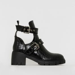 Zelda Black Croc Print Cut Out Chunky Ankle Boots | Simmi Shoes