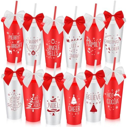 12 Pcs Christmas Plastic Cups Reusable Christmas Tumblers with Straw Lid Bow Bag Family Hot Cocoa... | Amazon (US)