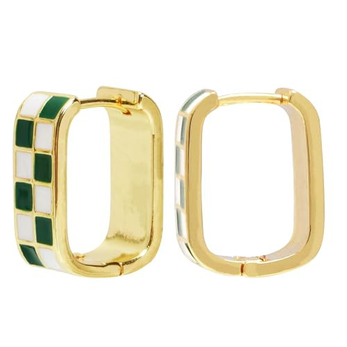 Dainty Checkered Oval Hoop Earrings,18K Gold Filled Enamel Oval Hoop Earrings,For Women Checker Chunky Oval Hoop Earrings,Hypoallergenic Earrings (Green) | Amazon (US)