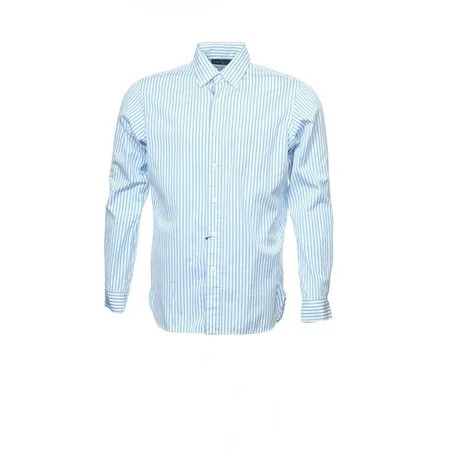 Striped Button Down Collar Shirt Blue and White Cotton Medium | Walmart (US)