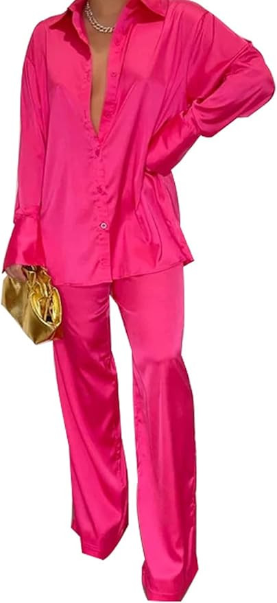 GTMRINJN Womens Silk Satin 2 Piece Outfit Long Sleeve Lapel Button Down Tops Wide Leg Palazzo Lou... | Amazon (US)