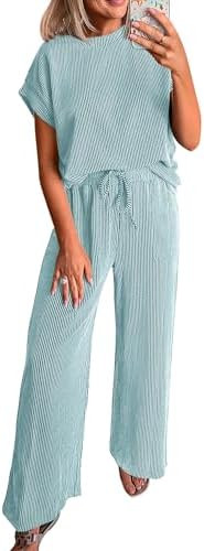 KIRUNDO 2 Piece Sets for Women Dressy Casual Ribbed Knit Short Sleeve Tops Wide Leg Pants Lounge ... | Amazon (US)