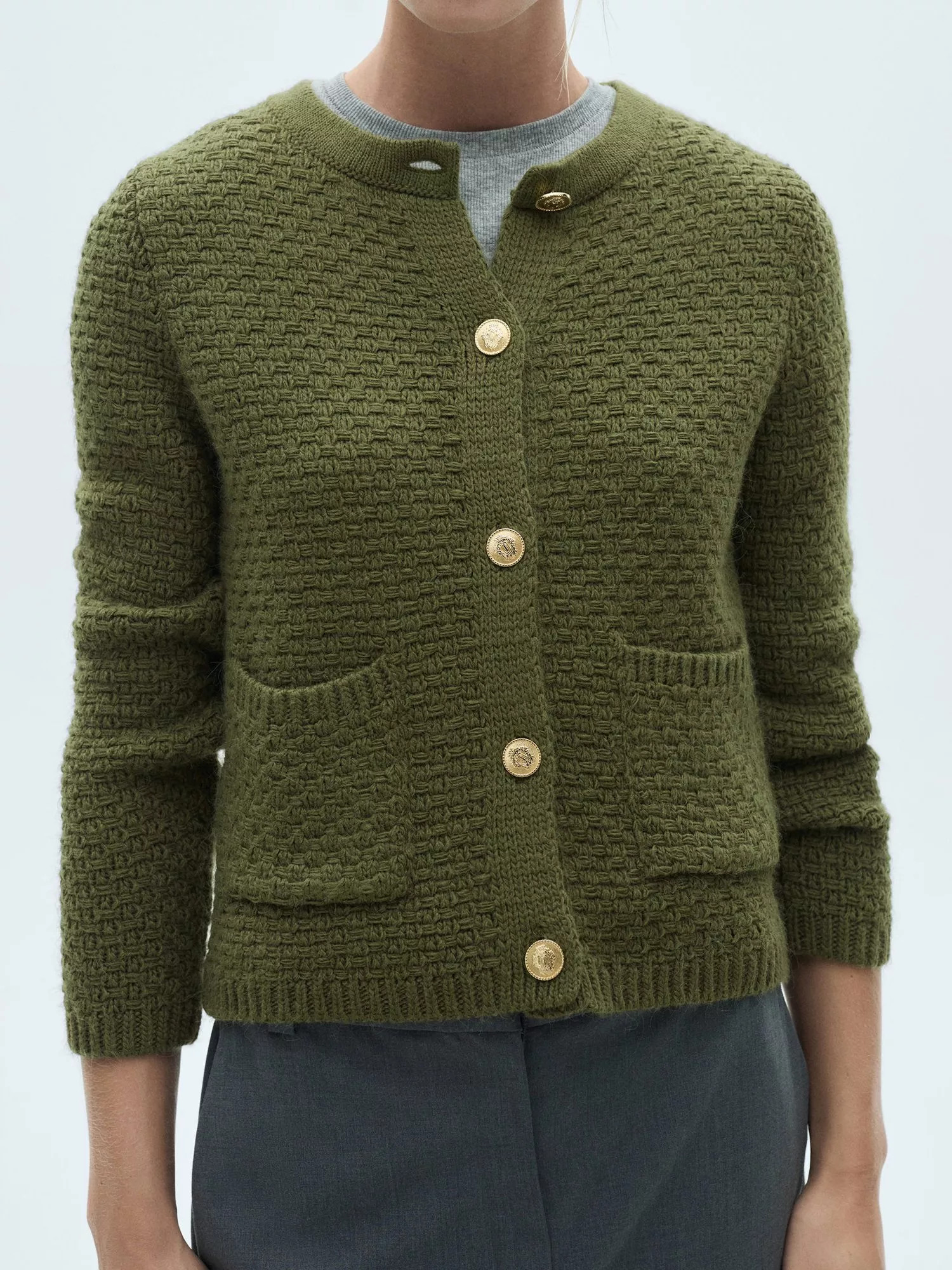 MangoCuna Chunky Pocket Detail Cardigan, Khaki | John Lewis (UK)