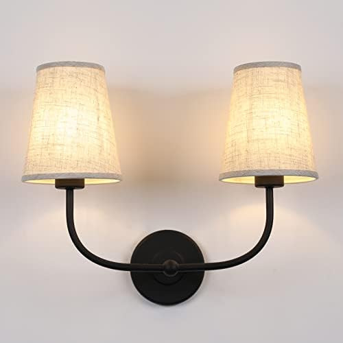 PERMO Vintage Double Sconce Matte Black 2-Lights Sconce with Flared Funnel Linen Beige Fabric Shade for Bedroom, Bedside, Living Room;Wall Mount Picture Light Fixture | Amazon (US)