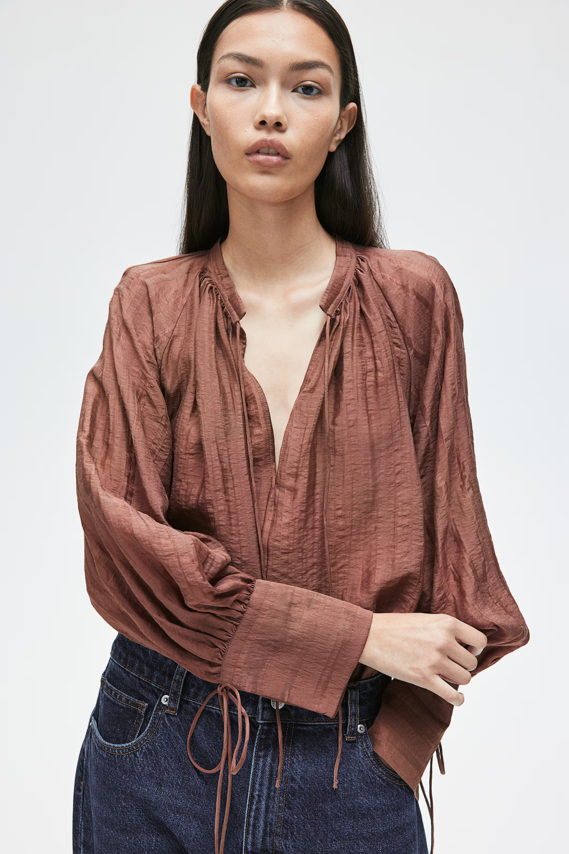Lyocell-Blend Blouse - Round Neck - Long sleeve - Terracotta - Ladies | H&M US | H&M (US + CA)