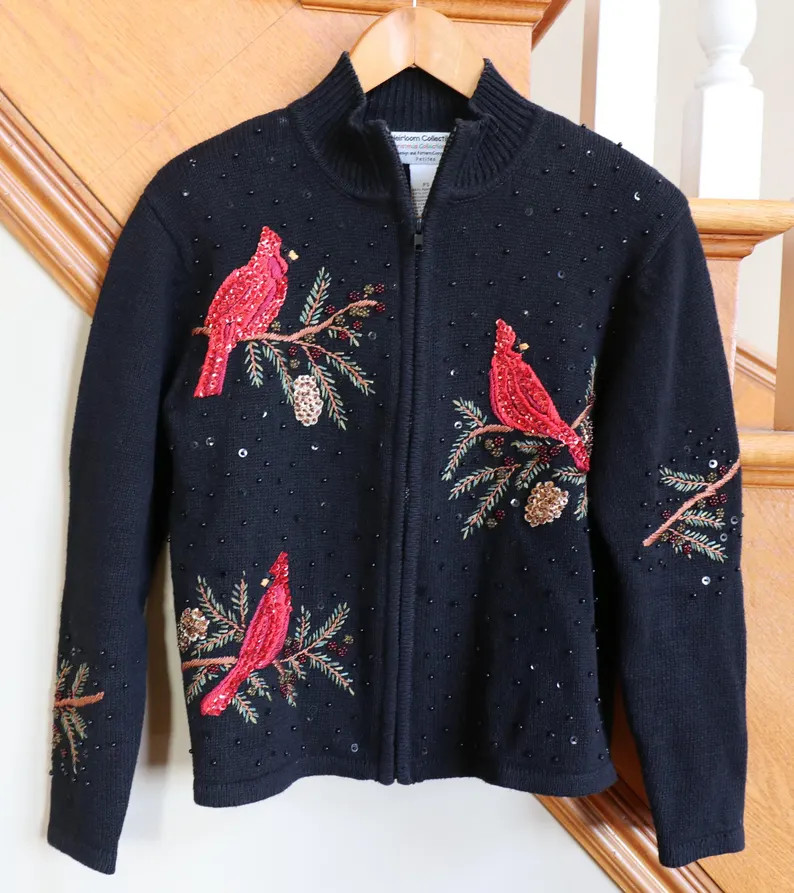 Vintage 2004 Heirloom Collection Christmas Cardigan Sweater CARDINALS Embroidered Beaded Embellis... | Etsy (US)
