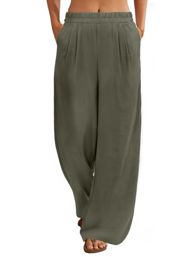 FireSwan Linen Pants Women Wide Leg Palazzo Pants Flowy Elastic Waist Summer Beach Casual Trousers with Pockets(Green M) | Amazon (US)