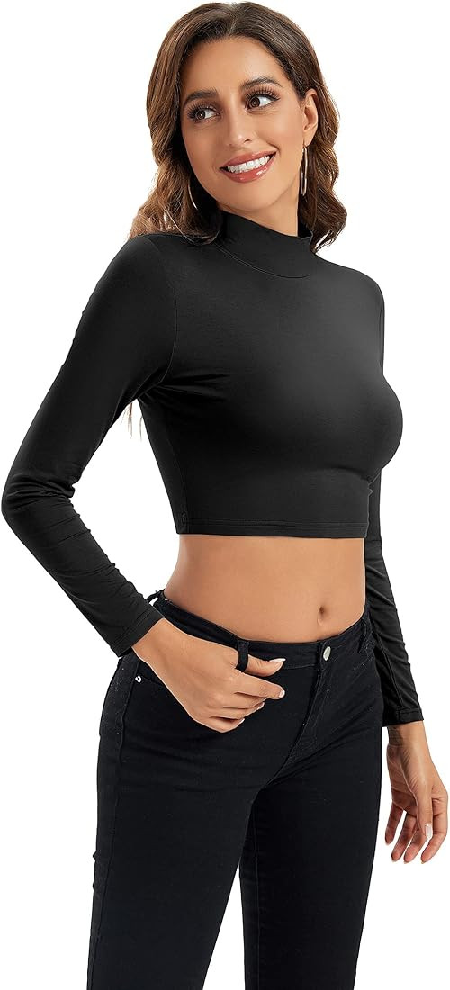 Womens Long Sleeve Crop Tops Lightweight Mock Neck Base Layer Shirts | Amazon (US)