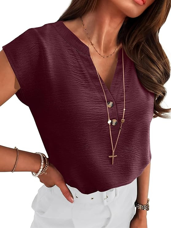 ANRABESS Womens Tops Cap Short Sleeve Henley Shirts Textured Dressy Casual V Neck Button Summer T... | Amazon (US)