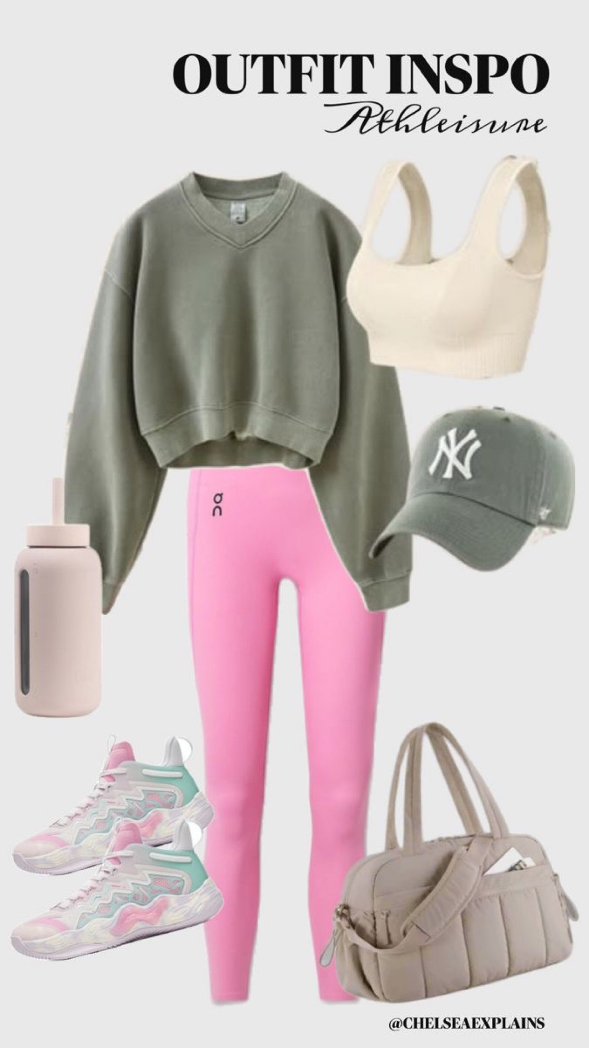 The cutest athleisure outfit!! Obsessed with the pink leggings especially for spring and summer. And the pairing with a cream tank and light green sweatshirt 😍 also linking a more affordable puffer bag, water bottle, running shoes and ny Yankees baseball hat 

Workout, fitness outfit, workout pants, leggings, bralette, workout outfit, nordstrom 

#LTKFitness #LTKFindsUnder100 #LTKFindsUnder50