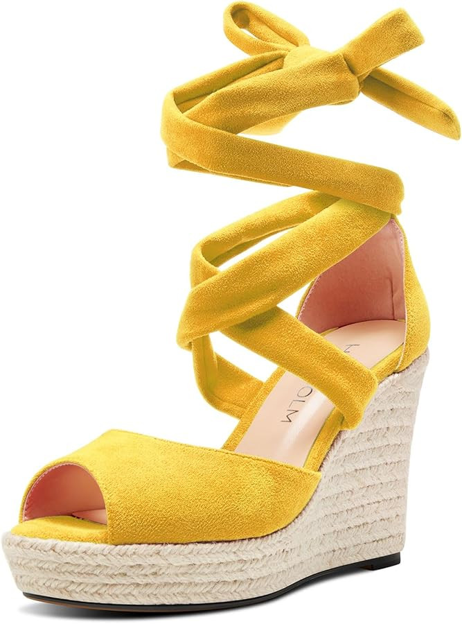 HDEUOLM Womens High Wedge Platform Heel Peep Open Toe Sandals Lace-up Prom Cute 3.9 Inches Heels | Amazon (US)