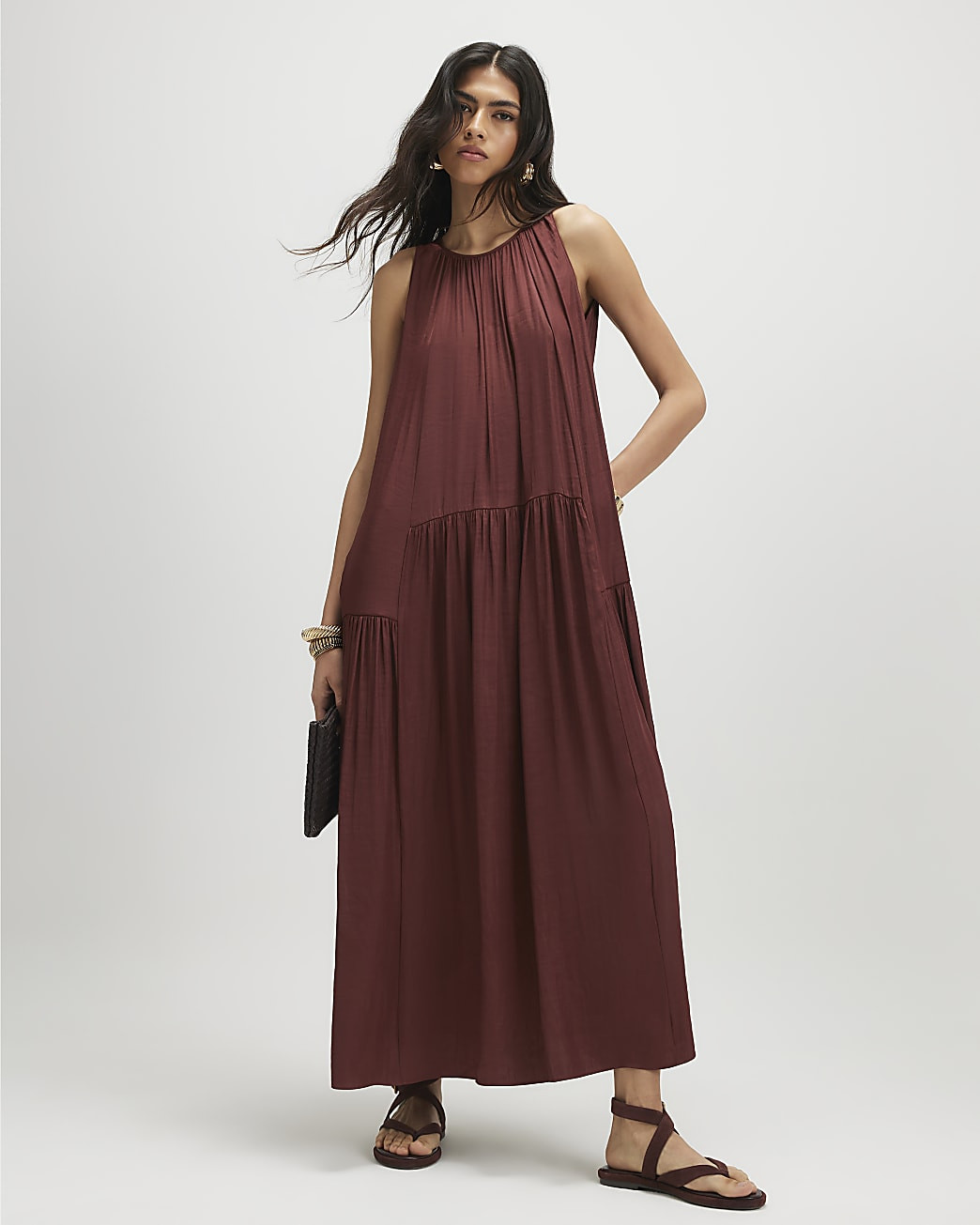 Brown Satin Sleeveless Halter Neck Midi Dress | River Island UK & IE