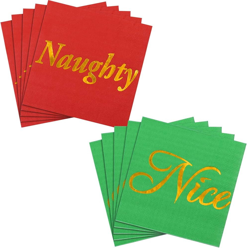 Aneco 60 Pack Naughty or Nice with Gold Foil Beverage Cocktail Napkins Red and Green Paper Napkin... | Amazon (US)