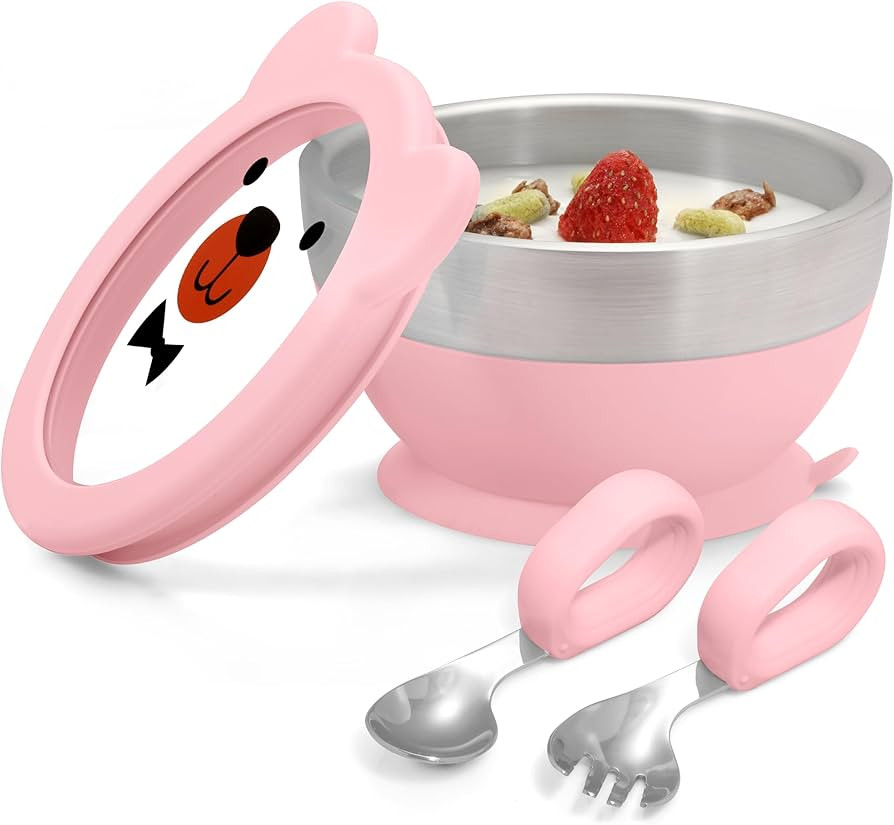 MR. CHOU Baby Suction Bowl Set with Spoon & Fork, Double-Layer 18/8 Stainless Steel Toddler Bowls... | Amazon (US)