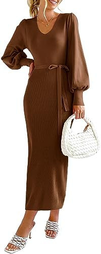 PRETTYGARDEN Women's Fall Knit Pullover Sweater Dress Elegant Long Lantern Sleeve V Neck Winter M... | Amazon (US)