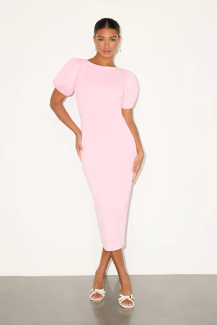 Simply Beloved Light Pink Puff Sleeve Bodycon Midi Dress | Lulus