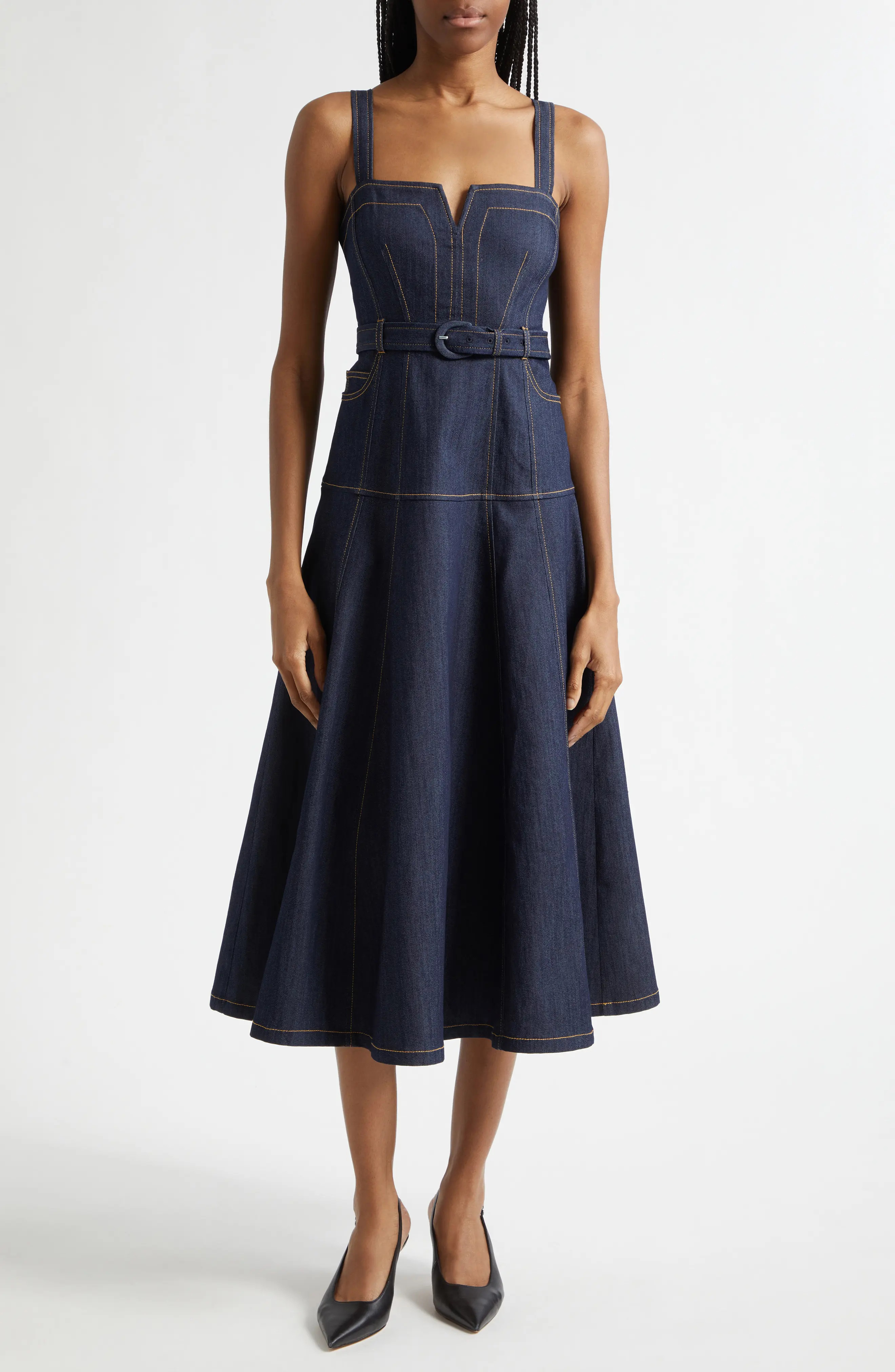 Tina Belted Stretch Denim Midi Sundress (Women) | Nordstrom | Nordstrom