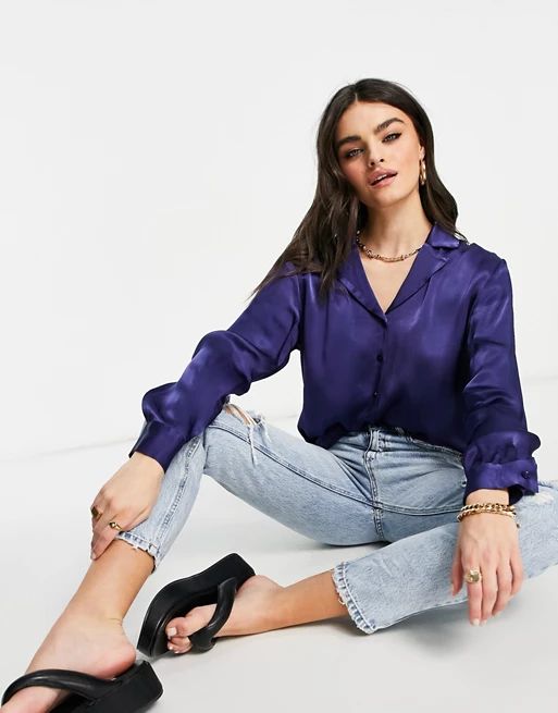 Ghost satin long sleeved coordinating shirt with cuff detail in navy blue | ASOS (Global)