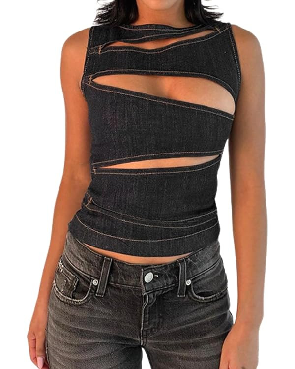 MINGSEECESS Women Sexy Irregular Hollow Out Cutting Denim Crop Tank Top Sleeveless Back Zipper Ve... | Amazon (US)