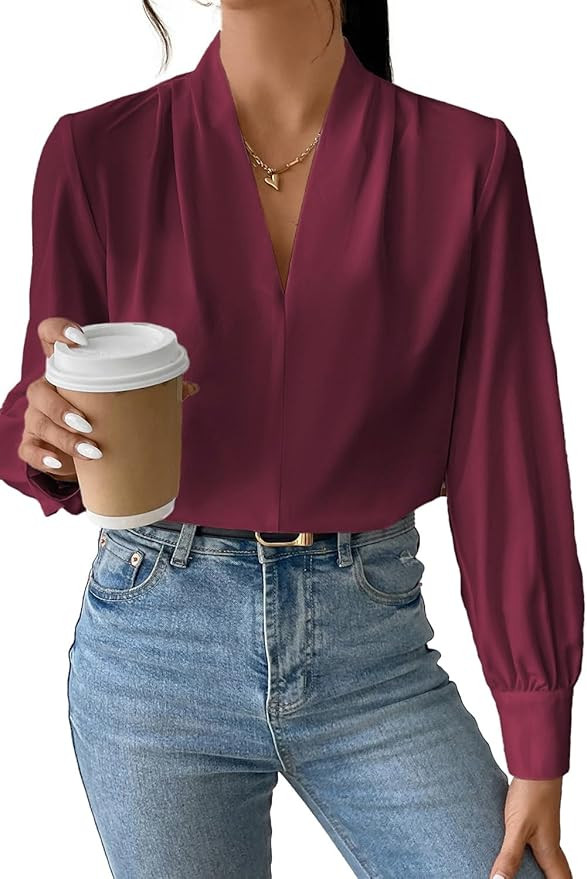 EVALESS Work Blouses for Women Long Sleeve Blouses Business Spring Top Womens V Neck Office Shirt... | Amazon (US)