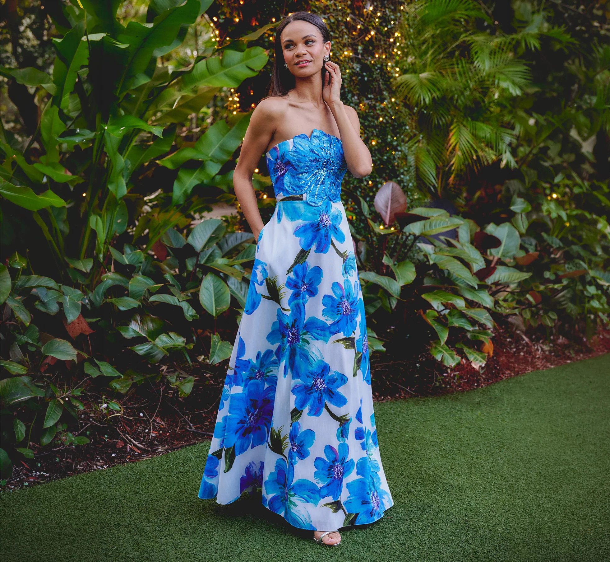 Strapless 3D Floral Beaded Dupioni Gown In Ivory Blue Multi | Adrianna Papell