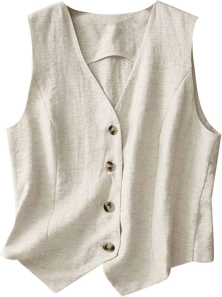 MINTLIMIT Women's Linen Vest Summer Sleeveless V Neck Waistcoat Lightweight Work Casual Cotton Bl... | Amazon (US)