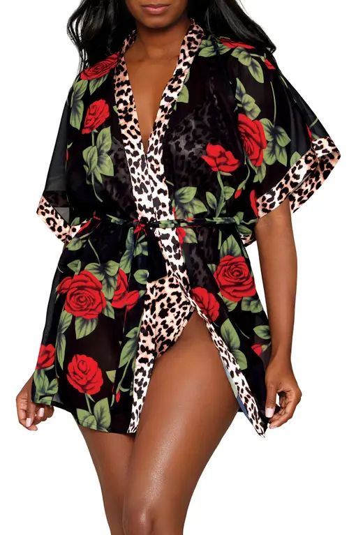 Dreamgirl Leopard Print Teddy & Robe Set in Leopard/Rose at Nordstrom, Size Medium | Nordstrom