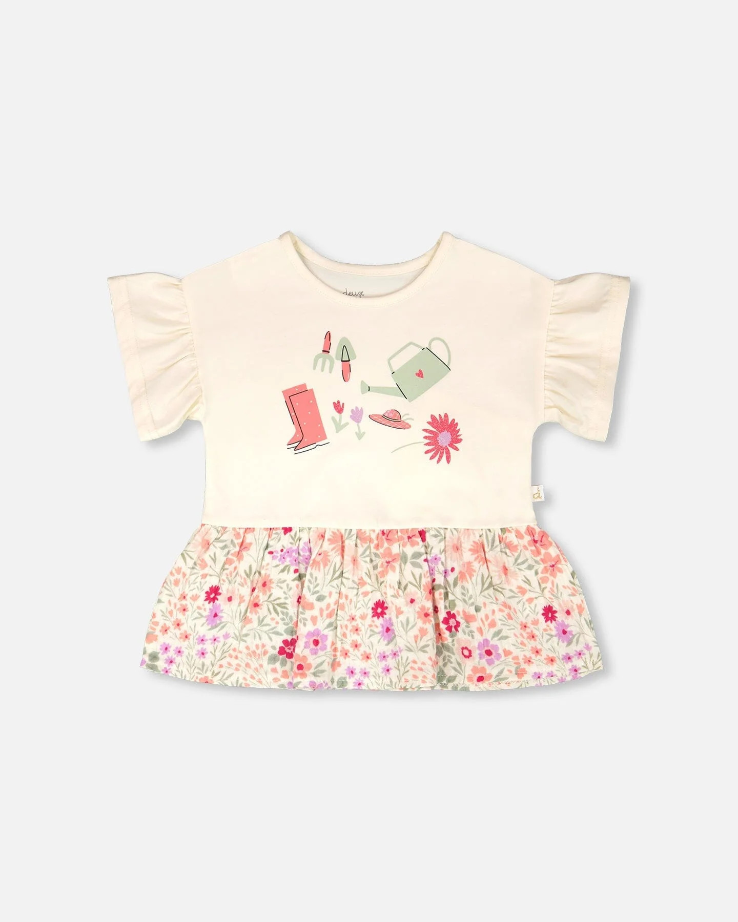 Organic Cotton Bi-Material Tunic Beige Flowers Print - Deux par Deux | Deux par Deux Childrens Designer Clothing