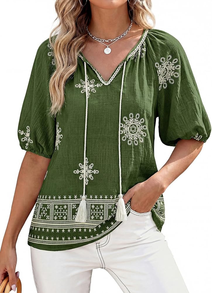 Amazon.com: CFLONGE Womens Summer Boho Tops Casual Puff Short Sleeve Blouses V Neck Floral Shirts Loose Tie Front Flowy Vacation Clothes(Army Green White Flower,Small) : Clothing, Shoes & Jewelry | Amazon (US)