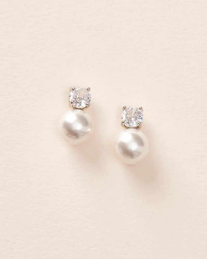 Dainty Pearl & CZ Bridal Studs \u2022 Classic Wedding Earrings \u2022 Silver or Gold \u2022 4489 | Etsy (Global)