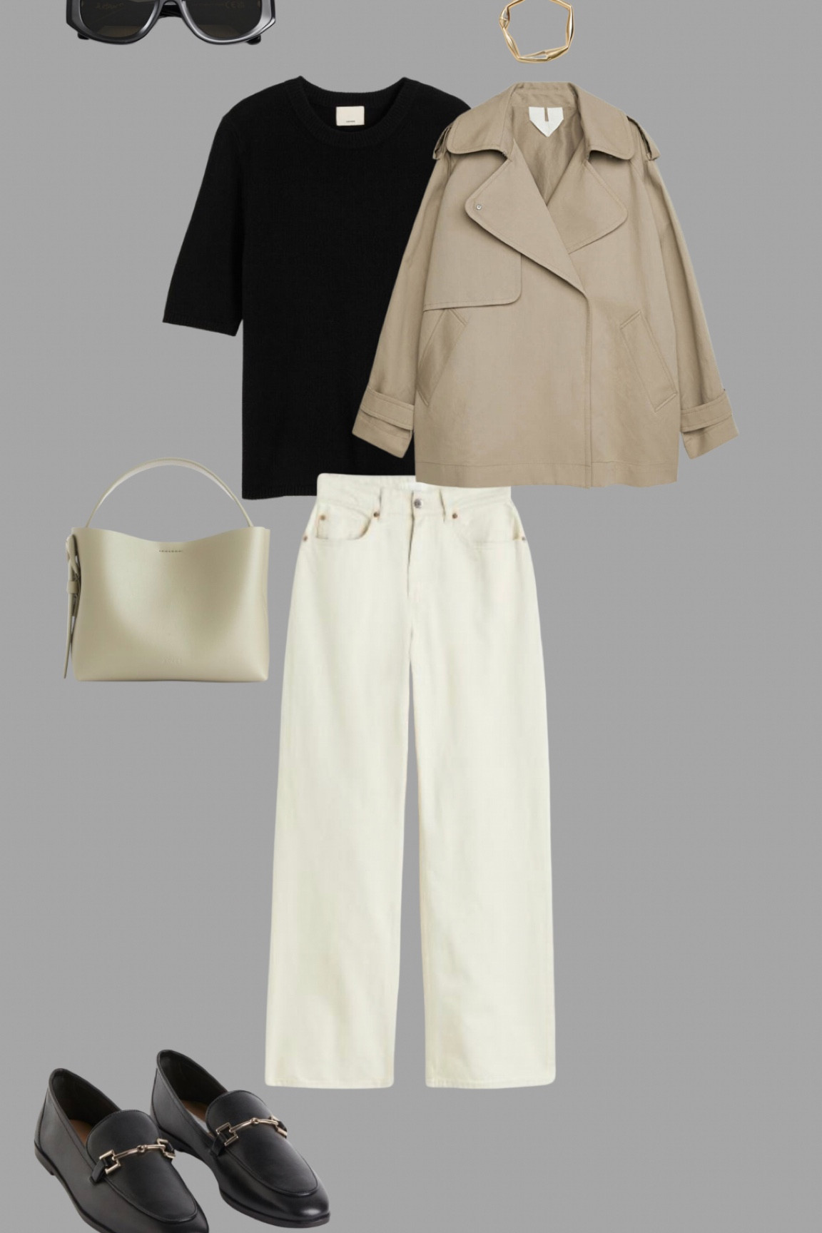 Simple transitional look with cream jeans, a knitted black tee, short trench, top handle bag, classic loafers and gold earrings