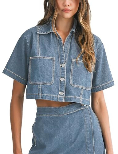 POTILI Women's Denim Top, Cropped Denim Jacket for Women Trendy, Short Sleeve Button Down Casual Jean Jacket Shirt with Pocket Blue | Amazon (US)