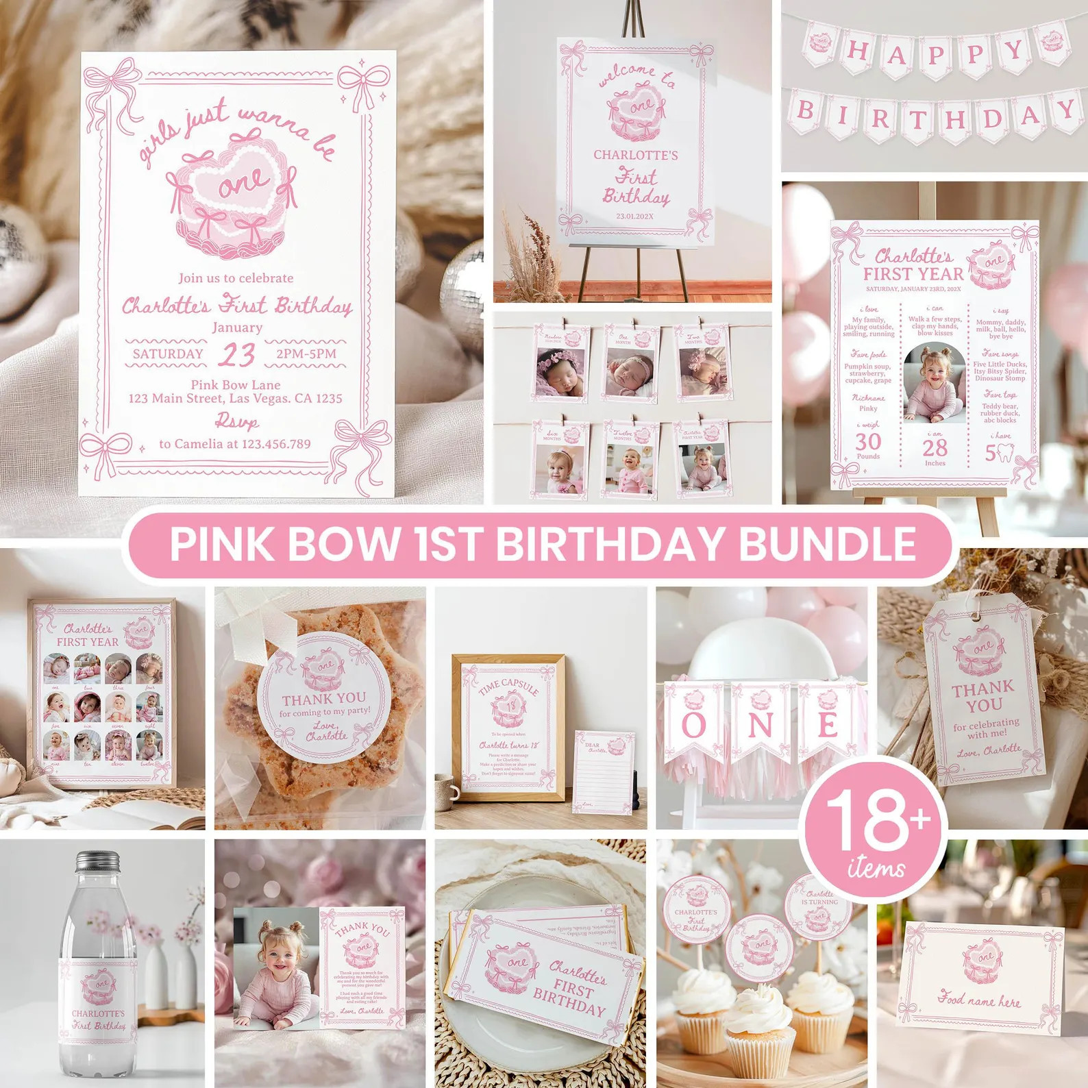 Girls Just Wanna Be One Invite Bundle, Pink Bow Birthday Decor Package, Pink Coquette Bow Invitat... | Etsy (US)