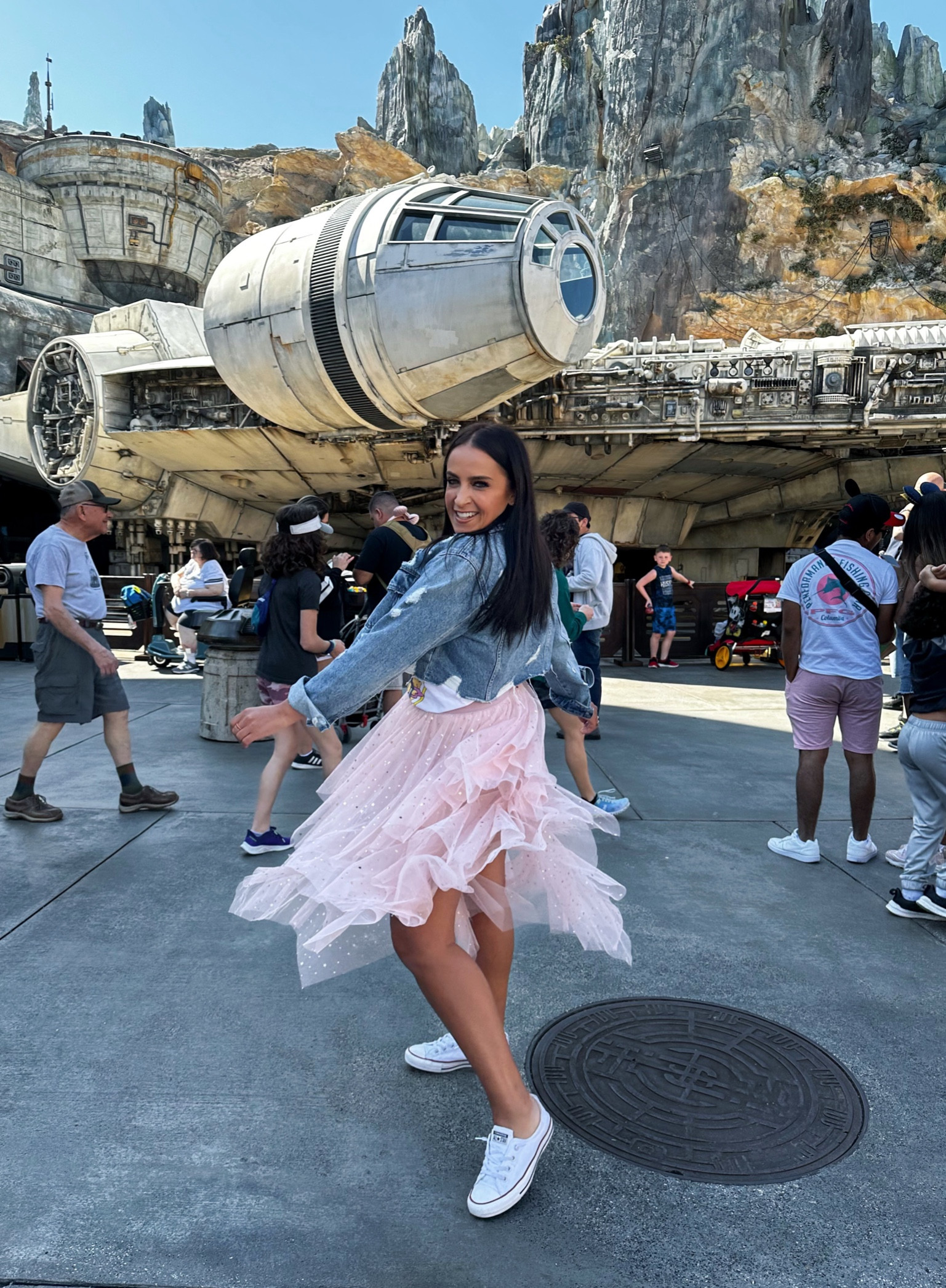 Disney outfit from amazon. Blanknyc denim crop top jacket wearing size medium. Converse white sneakers I went up a half size. Tulle skirt $26 from amazon fashion. 