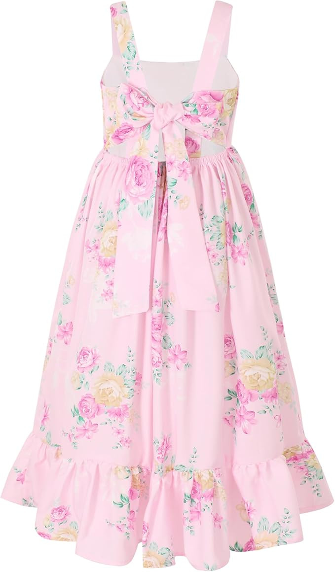 Flofallzique Floral Girls Summer Dress Maxi Flowy Tie Back Spring Kids Birthday Party Sundress | Amazon (US)