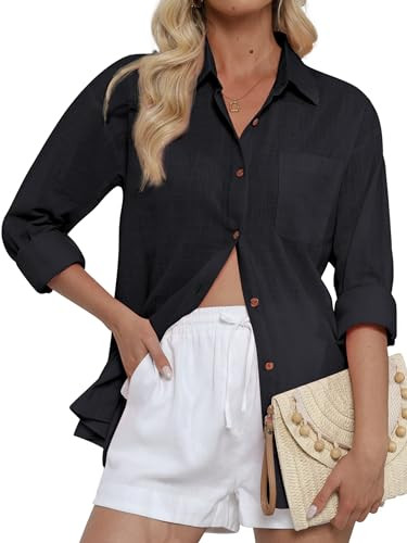 Black Linen Shirt Women Button up Shirts Long Sleeve Collared v-Neck Womens Cotton Boho Gauze Fashion Tops Single Breasted Pocket Retro Blouses Solid Color Pure Black Size L | Amazon (US)