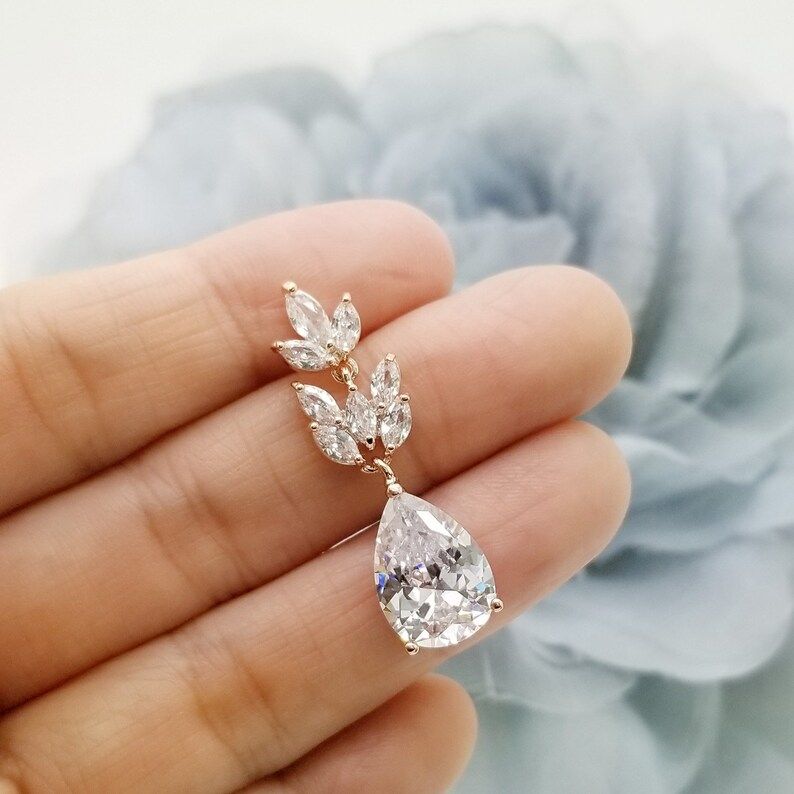 ROSE GOLD Romantic Teardrop with Long leaves Top Quality Cubic Zirconia Earrings, Bridal Earrings... | Etsy (US)