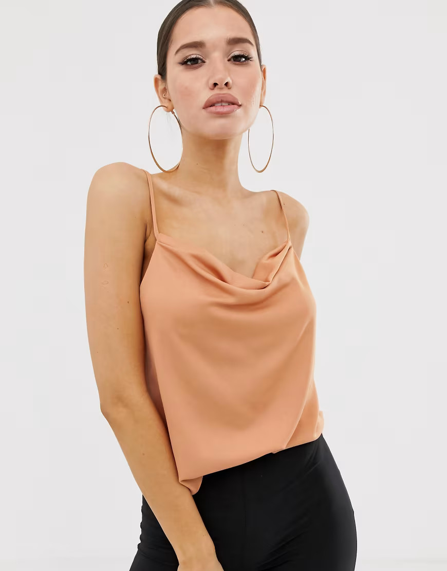 ASOS DESIGN cowl neck cami in satin-Brown | ASOS (Global)