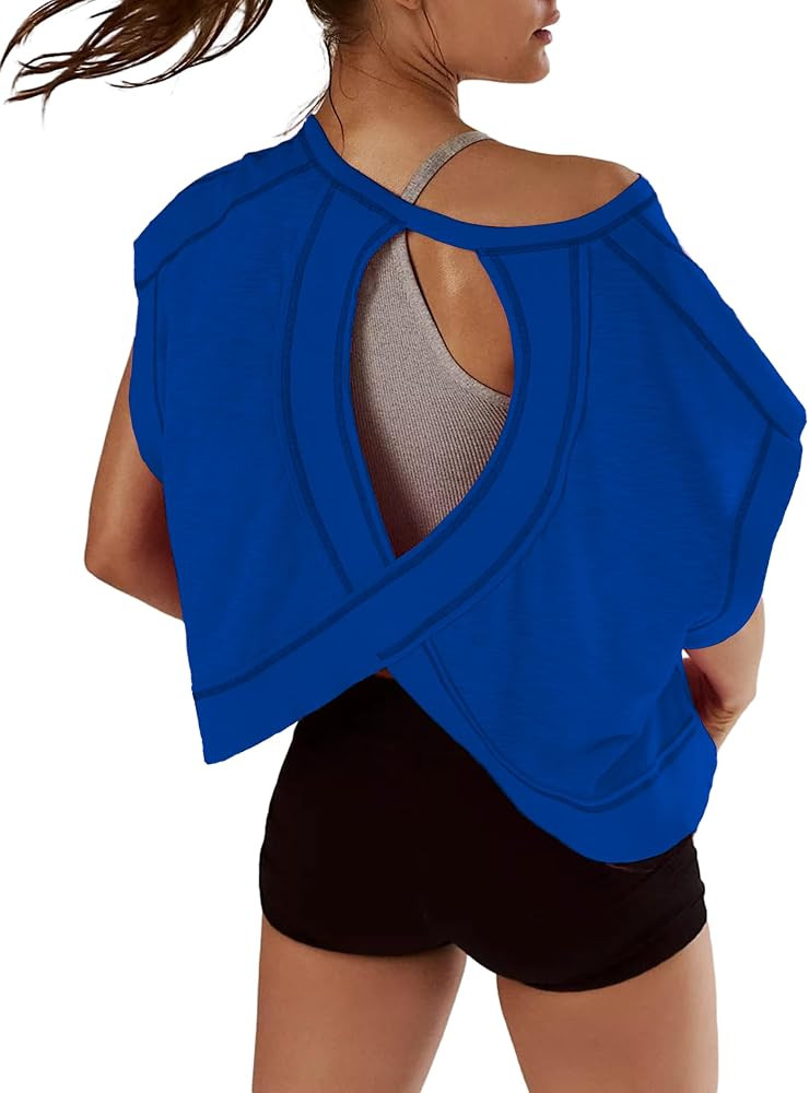 Kumufenc Women Short Sleeve Workout Shirts Open Back Tops Casual Yoga Y2k Athletic Gym Slouchy Cr... | Amazon (US)