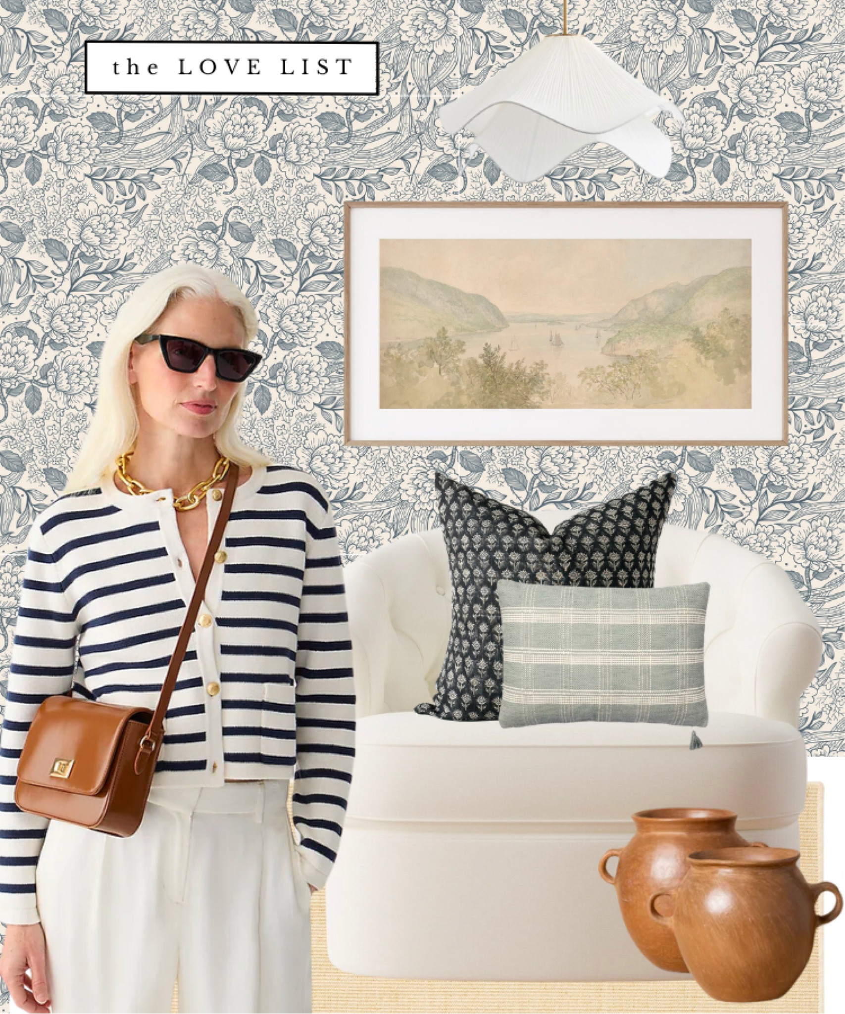 Living room decor, vintage decor, summer decor, fall decor // vintage floral wallpaper, pendant light, vintage landscape art, swivel chair, block print pillow, striped cardigan, clay pots, home decor 

#LTKSeasonal #LTKFind #LTKhome