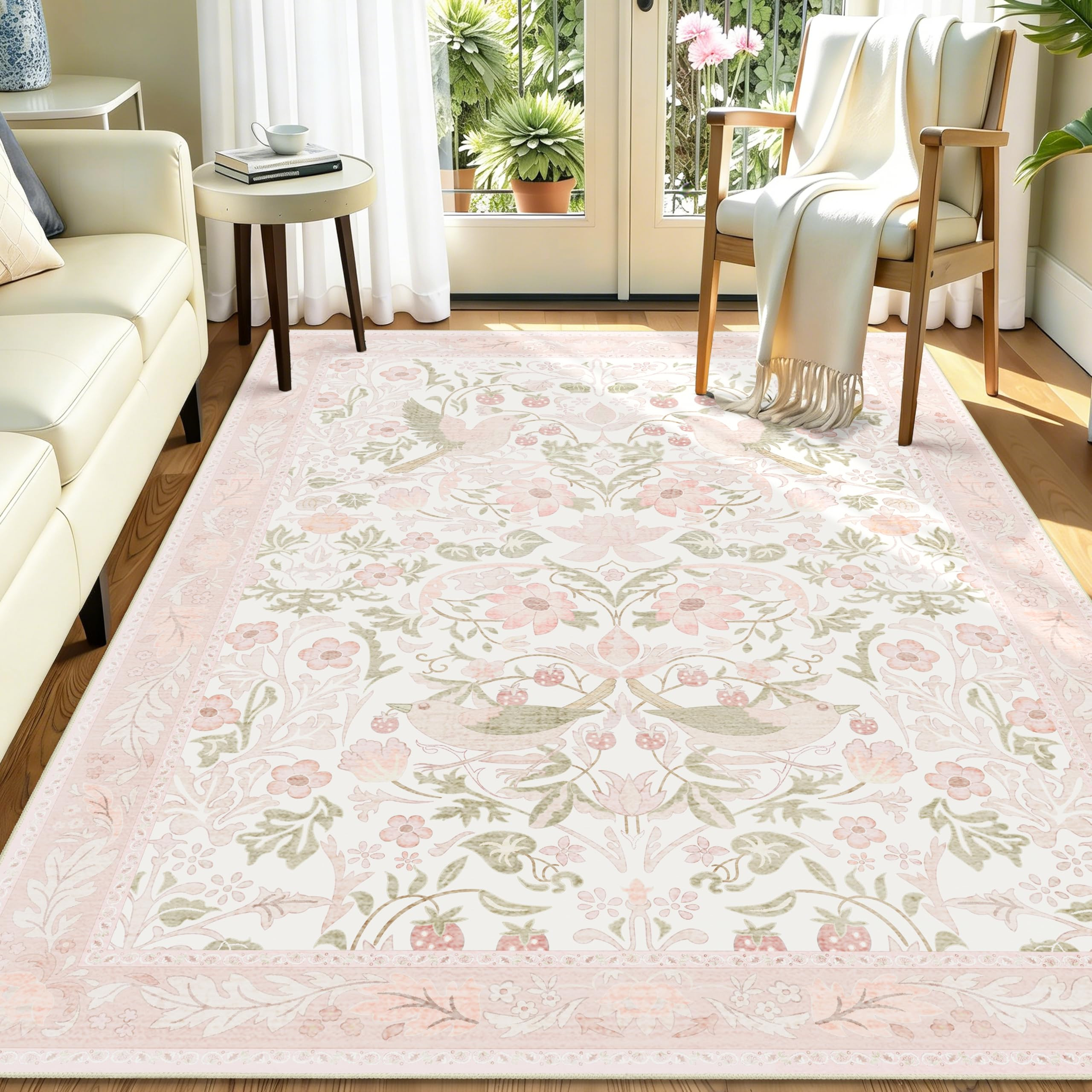 8'x10' Area Rugs Washable,Pink Rug for Living Room Bedroom Dining Room,Large Boho Botanical Farmh... | Amazon (US)