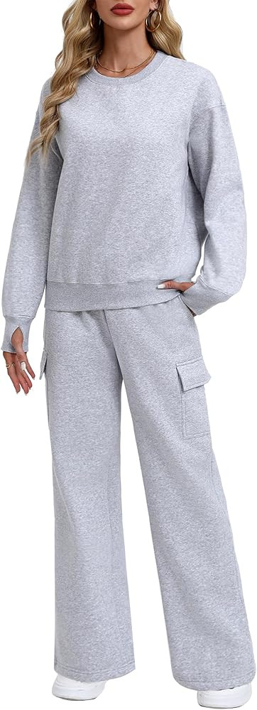 PINSPARK 2 Piece Sets for Women 2025 Fleece Sweatsuits Oversized Sweatshirts Wide Leg Cargo Sweat... | Amazon (US)