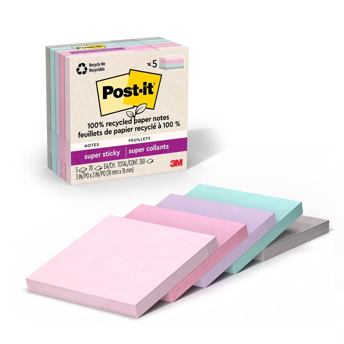 Post-it® 100% Recycled Paper Super Sticky Notes, 3 in. x 3 in., Wanderlust Pastels, 5 Pads/Pack,... | Target