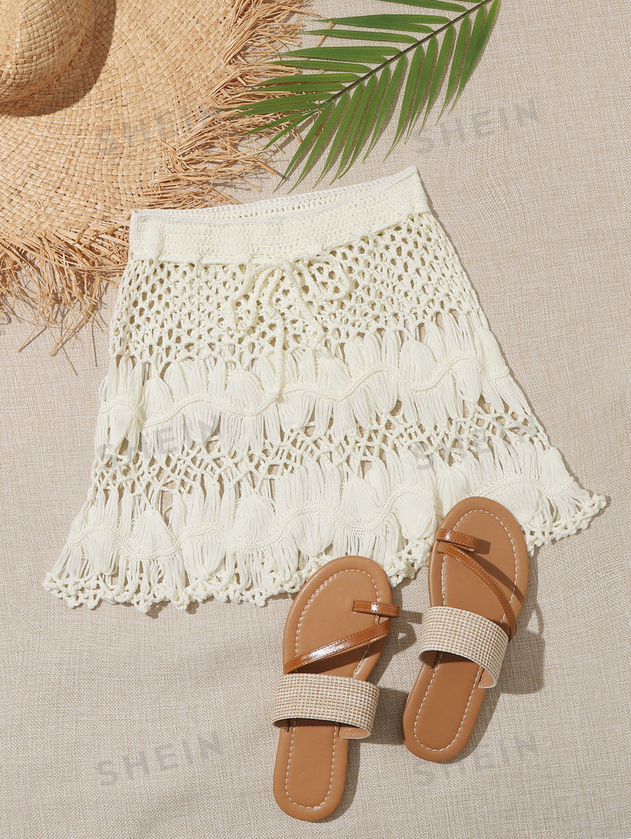 SHEIN Swim Vcay Summer Beach Tie Waist Crochet Cover Up Skirt | SHEIN