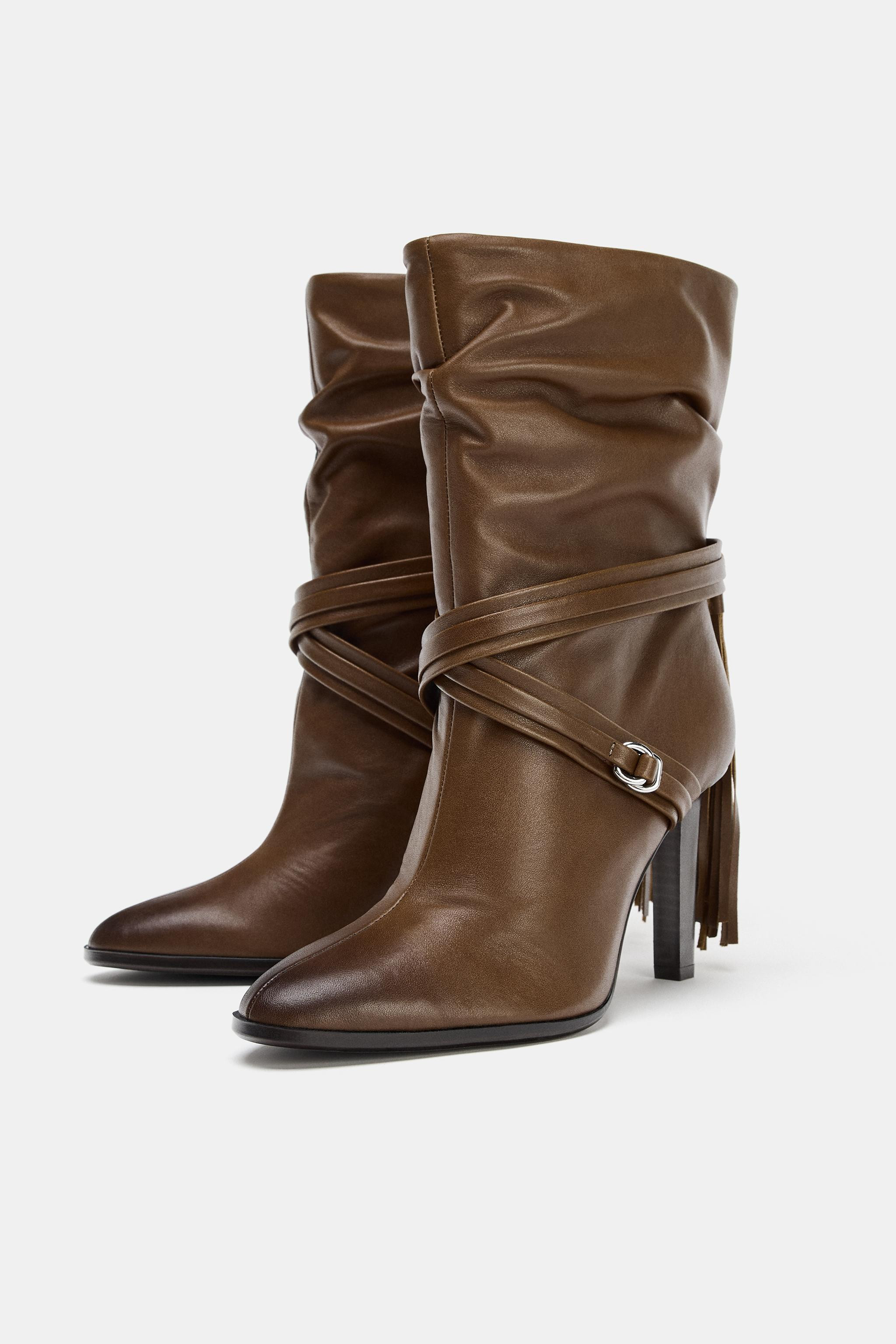 FRINGED LEATHER ANKLE BOOTS | Zara US