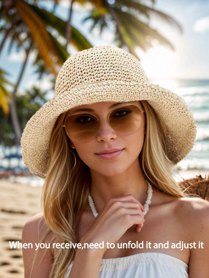 FADZOYLE Straw Hat Bucket Hat Large Brim Hat Sun Hat Foldable Sun Hat Beach Hat Straw Hat Women's Sunblock Summer Hat When It Comes To Your Hand On A Long Journey, It May Be Folded, You Need To Unfold It And Adjust It | SHEIN